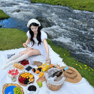 Beach Blanket White Seaside Picnic Mat Ins Photo Props Pure Color Portable Ultra-Light Lying Cloth Drape Picnic Cushion
