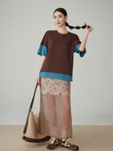 XIAODADEHUA | Color Block Design Faux Two Piece T-Shirt