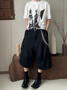 American Style Multi-Pocket Seven-Foot Denim Shorts Mens High Street Straight Loose Washed Black Workwear Wide Leg Mid-Pants