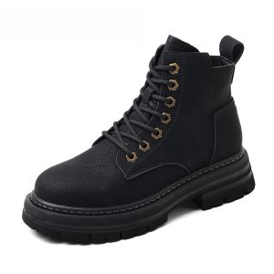 Womens Martin Boots Spring Autumn Thick Bottom High Heel Short Boot British Style Fashionable Cross Buckle Short Ankle Boot