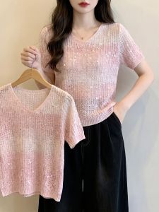 AIYITI | Pink Sparkle Thin Ice Silk Knit T-Shirt