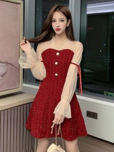 Elegant Red Dress with Flared Sleeves for Women Maternity Celebration Party Fashionable Midi Dress Polyester Fiber