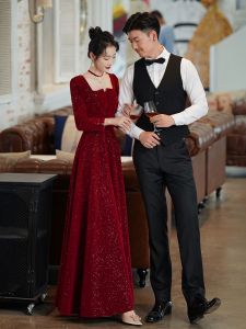 Elegant Long Sleeve Square Collar Wedding Dress for Bridal Dinner Return Home French Style New Bride Serving Dress Korean Style mid Waist a Line Skirt