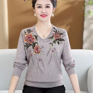 Fashionable Knitted Base Layer Top for Mom Autumn Winter Wear Embroidered Red Sweater Elderly Womens Premium Quality Wool Blend