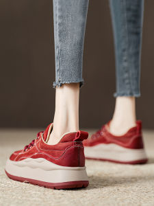 Red Leather Retro Thick Bottom Casual Shoes Womens Genuine Leather Comfortable Sport Shoes Soft Bottom Spring New Style