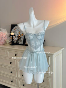 Nicelaisiii Haiyu Mengchun Wants Lace Ribbon Steel Ring Nightdress Small Chest Gathered Embroider Mesh Date Pajamas