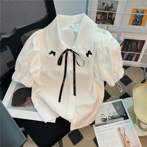 Peter Pan Collar White Shirt Womens Butterfly Self-Tie Chiffon Shirt Summer Stylish Niche Style Short Sleeve Shirt Puff Sleeve Top