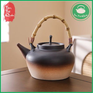 Ấm gốm đun nước pha trà Triều Châu quai tre 620ml (ấm men trắng đen)