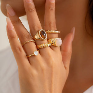 Ingemark 6Pcs/Set Trendy Geometry Acrylic Rings Set for Women Retro Elegant Irregular Gold Color Chic Rings Aesthetic Jewelry