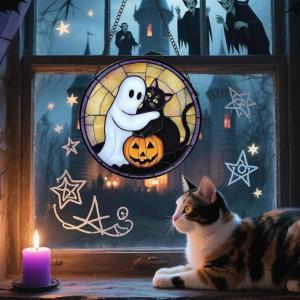 New Stained Glass Halloween Pumpkin Suncatcher Cute Ghost Design For Halloween Party Window Hanging Decor
