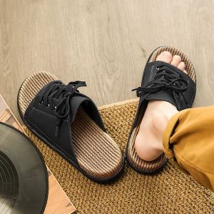 Mens Summer Outdoor Wear-Resistant Anti-Slip Woven Sandals Large Size Outdoor Beach Soft Wood Flat Sandals Casual Slip-On Shoes
