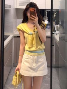 YUEZHONGWEI | French Style Fake Two Piece V Neck Summer Slim Fit Ice Silk Knit Top