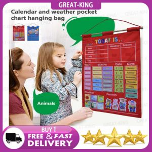 Great-King Infant Education Aid: Interactive Calendar Teaching Tool with Pocket Organizer for Weather and Season - Perfect for Early Learning and Play