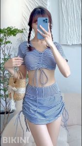 Bikini đi biển hai mảnh áo ngắn tay dây rút phối chân váy rút dây che khuyết điểm tôn dáng kín đáo