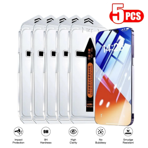 5Pcs For iPhone 17 16e 16 15 14 13 12 11 XR XS Pro Max Plus Screen Protector Toughened Glass Phone With Install Kit Remove