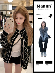 เสื้อสเวตเตอร์ถักสีดำ ทรงหลวม แขนยาว ปกโปโล สำหรับผู้หญิง ฤดูใบไม้ผลิและฤดูใบไม้ร่วง แฟชั่นสตรีท คอกลม แขนยาว