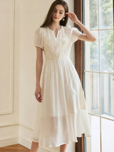 Roey s house | French Palace Style Puff Sleeve Dress with Embroidered Flowers