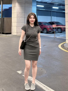 plus Size Grey Folded Belly T-Shirt Dress Bodycon Short Skirt round Neck Cotton Commute Style Womens Fashion Summer Dress