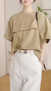 Elegant Double Layer Collar round Neck Short Sleeve Shirt Womens Fashionable Casual High End Feel Commute Korean Style Top