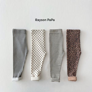 Raysonpapa Fleece Lined Plaid Base Layer Pants for Kids Winter Stripe Polka Dot Long Trousers Boys Girls Casual High Waist Cotton Pants