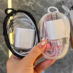 2Pcs Data Cable Organizer Transparent Jewelry Doll Storage Box Headset Organization with Keychain Dustproof Case