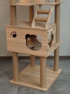 MeowLo Cat Tree House Wood Cat Condo Wooden Cat House Cat Tower Bed Scratcher Hammock Cattery Rumah Kucing Cat Climbing