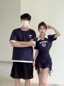 Slimming Couple Matching Summer Dress And T-Shirt American College Style Short Sleeve High Waist A-Line Skirt Cotton Blend