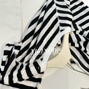 เสื้อยืดสไตล์เกาหลีสดสําหรับผู้หญิงลายทางสีฟ้าแขนยาวลําลองทรงหลวมน้ําหนักเบาดีไซน์คอกลมป้องกันแสงแดด