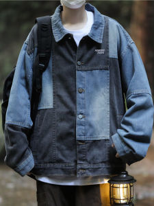 แจ็คเก็ตยีนส์ทรงหลวมสไตล์ย้อนยุคสไตล์อเมริกันสำหรับผู้ชาย แจ็คเก็ตคอปกพับแบบลำลอง แจ็คเก็ตยีนส์สไตล์ญี่ปุ่น