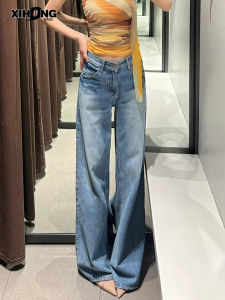 Quần Jeans Denim Ống Rộng Lưng Thấp Kiểu Dáng Rộng Mùa Thu Màu Xanh Mài Quần Dài Đến Sàn Phong Cách Retro Cho Nữ