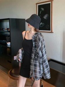 Áo Khoác Cardigan Kẻ Caro Mỏng Mùa Hè 2025 Áo Khoác Ngoài Nữ Áo Sơ Mi Dài Tay Cổ Polo Màu Trơn Dáng Rộng Thoải Mái