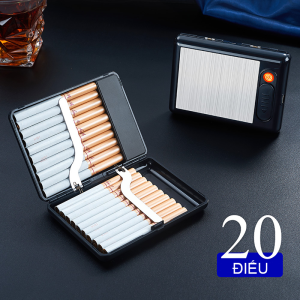 Bật lửa điện kiêm hộp đựng thuốc 20Đ có kẹp kim loại vân xước chống nước