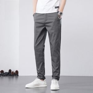 ROMON | Lormen Mens Slim Fit Straight Leg Ice Silk Casual Pants Summer Thin Elastic Business Fashion Sporty Long Trousers