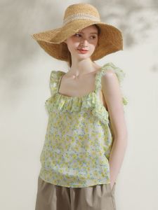 Miccbeirn | Miccbeirn Summer Pure Flax Sleeveless Top Floral Print Sweet Countryside Style Short Length Girl Feeling Vest Simple Womens Shirt