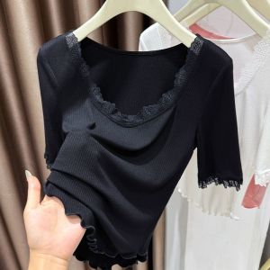 เสื้อยืดคอกว้างแขนสั้นผู้หญิงไซส์ใหญ่ ทรงเข้ารูป ผ้าลูกไม้ แขนสั้น คอเหลี่ยม ดีไซน์เก๋ไก๋ แฟชั่นฤดูร้อน