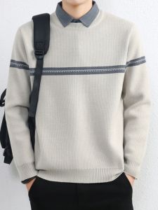 Mens Knitted Fleece Lined Loose Thickened Shirt Collar Sweater Autumn Winter New Style Two-Piece Look Warm Base Layer Top