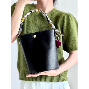 Vacation Style Womens Bucket Bag Handheld Silk Scarf round Cylinder Design Litchi Pattern Crossbody Basket Wealth Bag