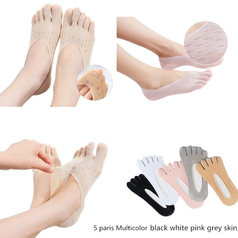 Ruizhijzg 1 Pairs Women Five Finger Split Toe Socks Summer Ultra Thin Mesh Breathable Velvet No Show Invisible Boat Socks Anti Slip Silicone Heel Low Cut Socks For Flats Loafers