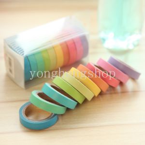 【Hot Sale】10rolls/set Colorful Washi Tape Rainbow Sticker Masking Tapes DIY Craft Diary Scrapbooking Decor Sticky Paper Tape Kids Stationery School Supplies