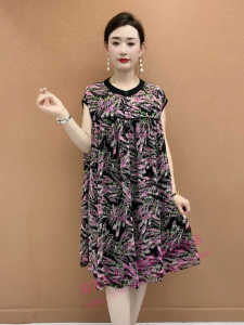 Loose Floral Print Maxi Dress for Mom Summer New Style Casual Short Sleeve Belly Covering Anti-Aging Fashionable A-Line Skirt