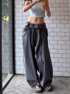Quần Ống Rộng Thoải Mái Cho Nữ Mùa Hè Màu Xám Thiết Kế Rộng Rãi Cạp Cao Quần Dài Thường Ngày Phong Cách Mỹ