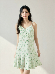 SEIFINI | Light Green Floral Ruffle Sleeveless Dress