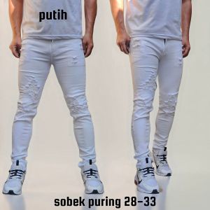 Celana Jeans Sobek Pria Panjang Stretch Melar Denim Tebal Slimfit Skinny Size 28-33 Warna Putih
