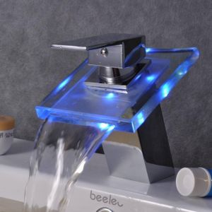💥Dream Best🔥 LED Color Changing Waterfall Bathroom Sink Faucet Square Spout Mixer Tap Chrome