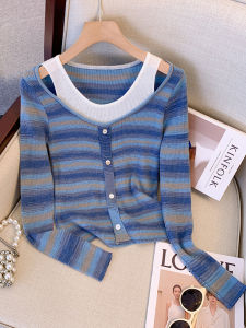 Slimming Stripe Color Block Knitwear Womens Fashion Spring Autumn Self-Keeping Style Fake Two-Piece Korean Version Straight Cut