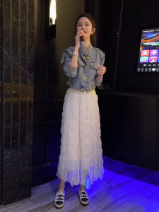 Elegant Womens Fashion Set: Denim Coat with Mesh Skirt Two-Piece Set for Fall 2024 High-End Style Ideal for Work and School