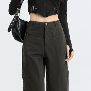 QIAOMIDUO | High Waist Grey Workwear Pants Spring Autumn Loose Straight Leg Trousers For Pear Shaped Plus Size Women Comfortable Long Trousers