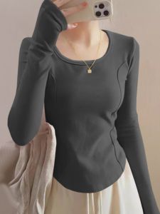 Double-Sided Fleece Warm Long Sleeve U-Neck Base Shirt Womens Winter Slim Fit Curved Hem Fishbone Line Top Stylish Commute Korean Style