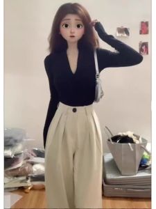 Slim Fit Short Knitted Sweater Womens Fashion V-neck Long Sleeve Thin Autumn Winter Inner Wear Base Shirt Black Hot Girl Top