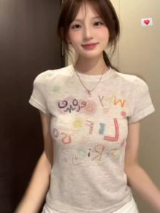 Áo Thun Nữ Tay Ngắn in Chữ Graffiti American Hot Bé Gái Mùa Hè Thiết Kế Đi Làm Đa Năng in Chữ Thời Trang Thường Ngày